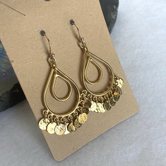 Gold Vermeil Sterling Silver 925 Teardrop Disc Tassel Dangle Drop Earrings - Picture 3 of 16